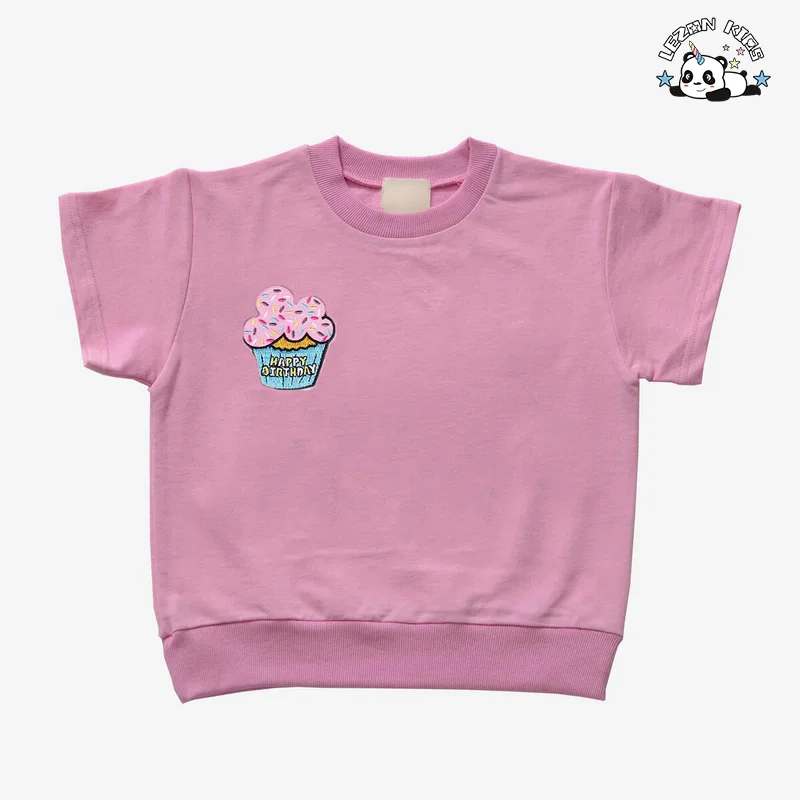 LEZONKIDS - Novo Produto Conjunto de Roupas de Verão para Meninas com Impressão de Bolo e Velas para 1 a 7 Anos